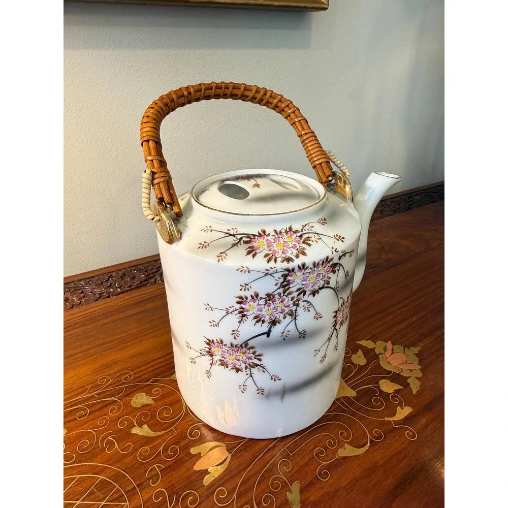 Vintage Cherry Blossom Teapot with Rattan Handle • Porcelain Floral Tea Pot‎